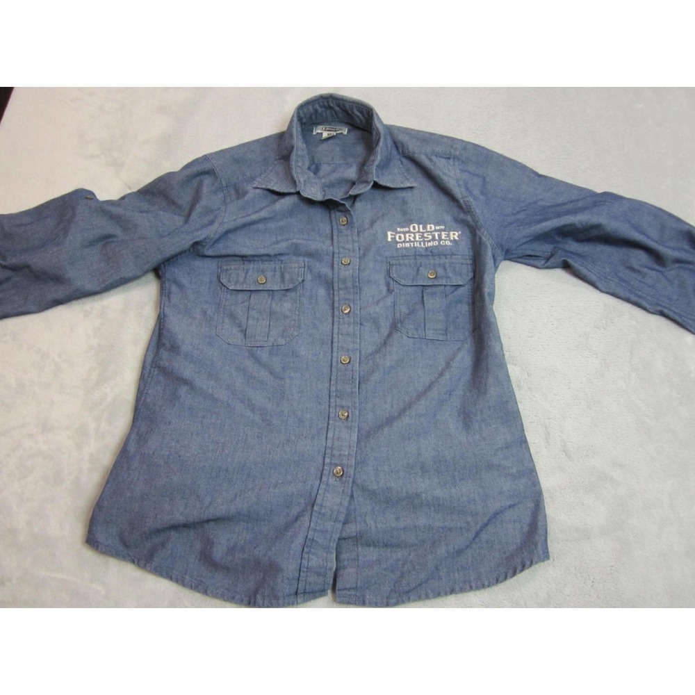 Edwards Shirt Womens Small Blue Chambray Button Up Old Forester Distilling Logo